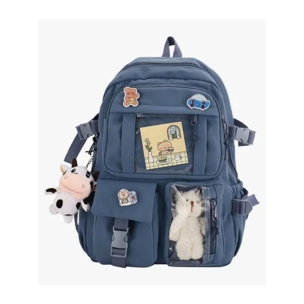 Kids Large Blue Canvas Backpack Pins Badges Plush Cow Keychain Padded New